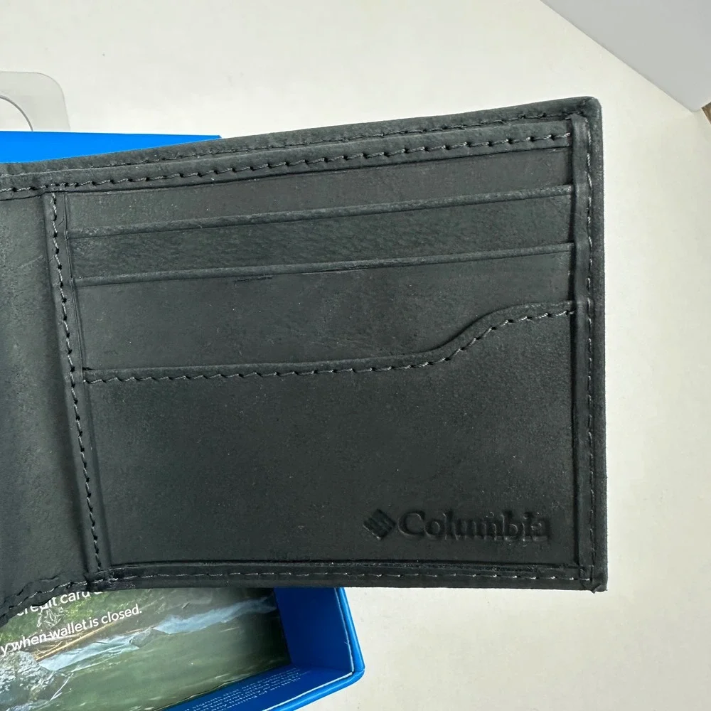 Columbia Mens Black Leather Bifold Wallet RFID Blocking Canvas Inlay Card Holder
